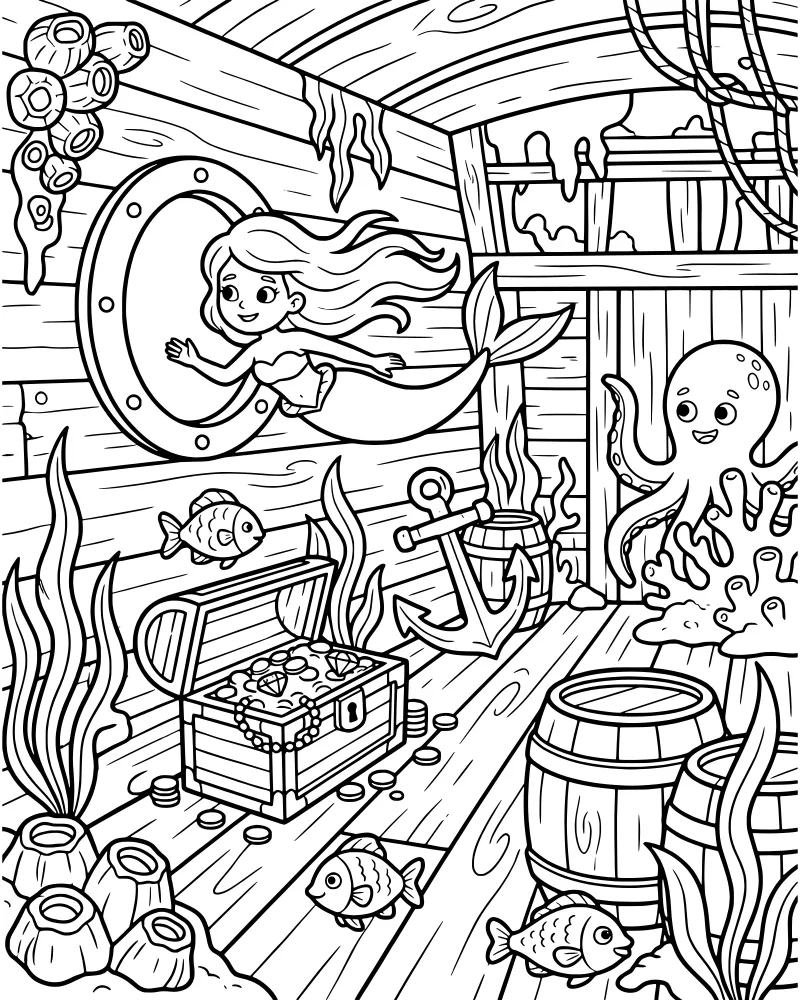 A cartoon mermaid swims past a porthole in a shipwreck next to an overflowing treasure chest, an octopus, and an anchor.