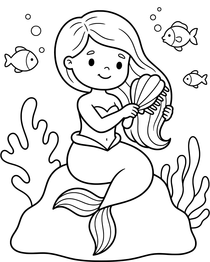 A cartoon mermaid sitting on an underwater rock brushing her long hair with a seashell comb, surrounded by fish, bubbles, and coral.