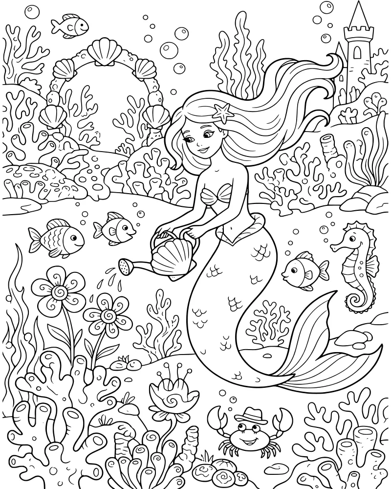 A cartoon mermaid wearing a hat and watering flowers underwater near a shell castle with a seahorse and crab nearby.