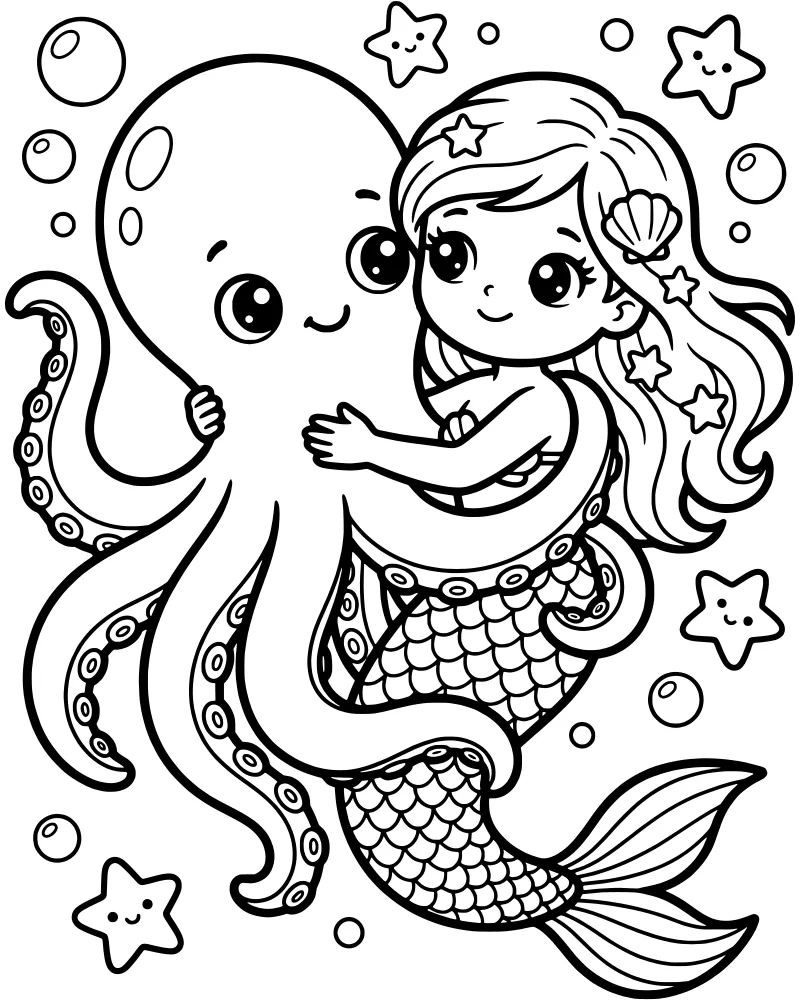 A cartoon mermaid with a long tail hugging a smiling octopus surrounded by bubbles and starfish.