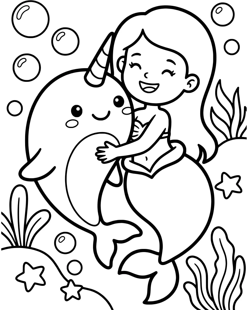 Cartoon mermaid with long hair hugging a smiling narwhal underwater with seaweed and starfish.
