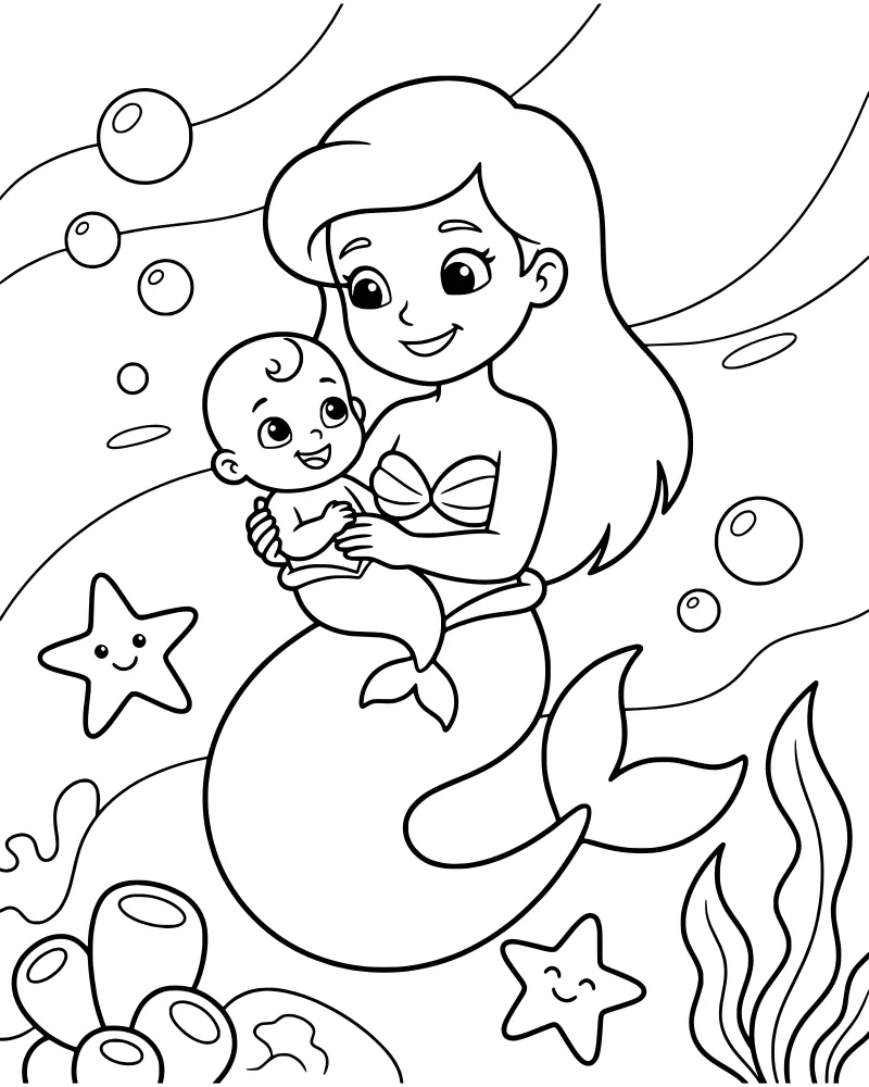 A cartoon mermaid mother holding a baby mermaid underwater with bubbles, coral, seaweed, and a starfish.