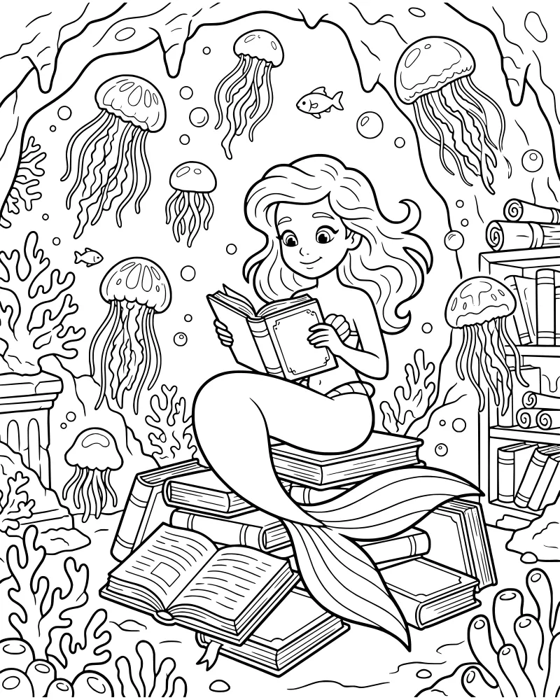 A cartoon mermaid sitting on a stack of books reading in an underwater cave with jellyfish and coral.