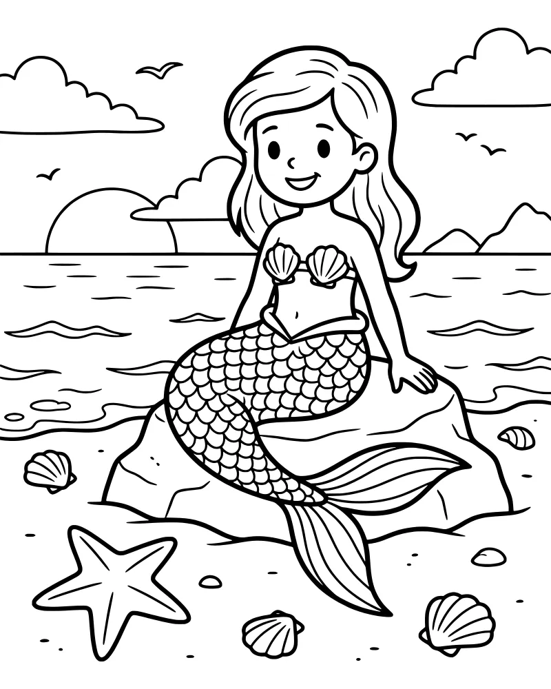A cartoon mermaid sitting on a rock on a sandy beach with a starfish, shells, ocean waves, and a sunset in the background.