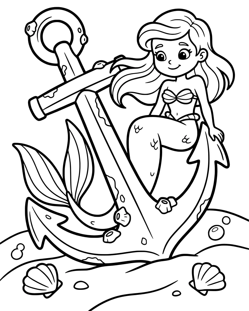 A cartoon mermaid with long hair and a scaly tail sitting on top of a large metal anchor on the sandy ocean floor with seashells nearby.