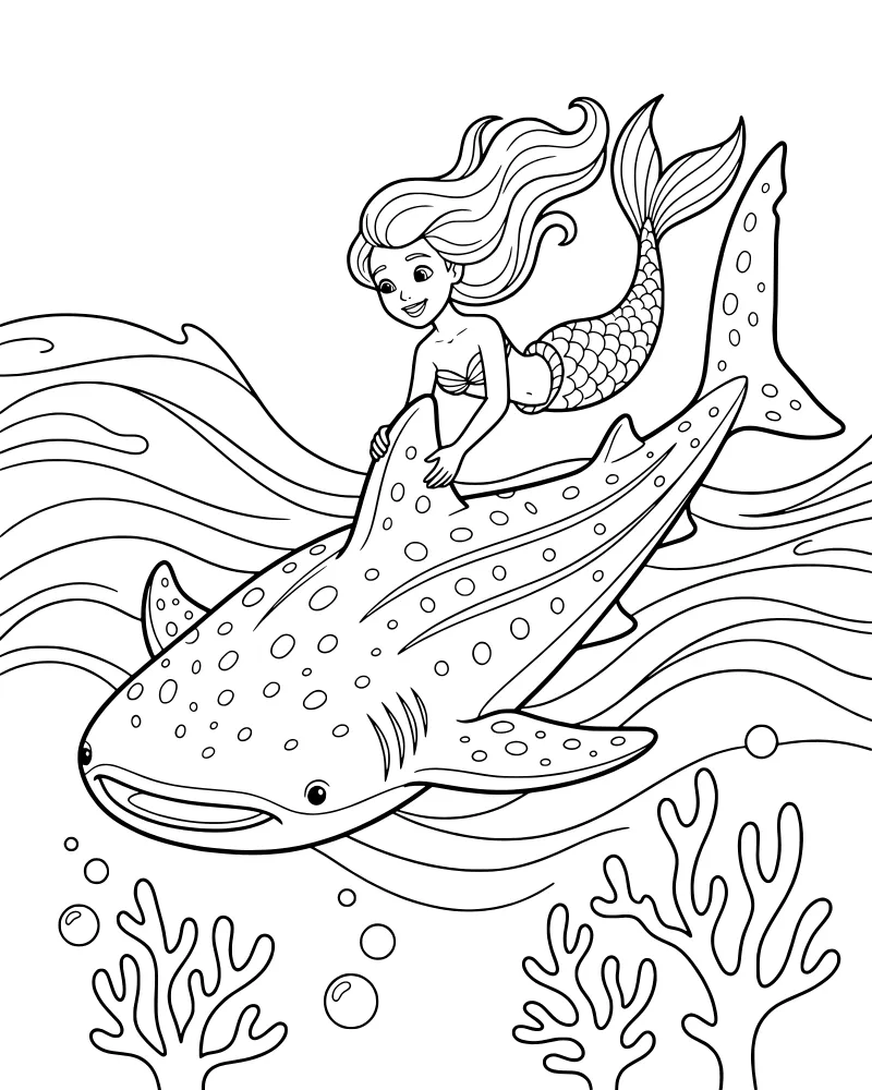A cartoon mermaid smiling while riding on the back of a large spotted whale shark underwater with coral and bubbles.