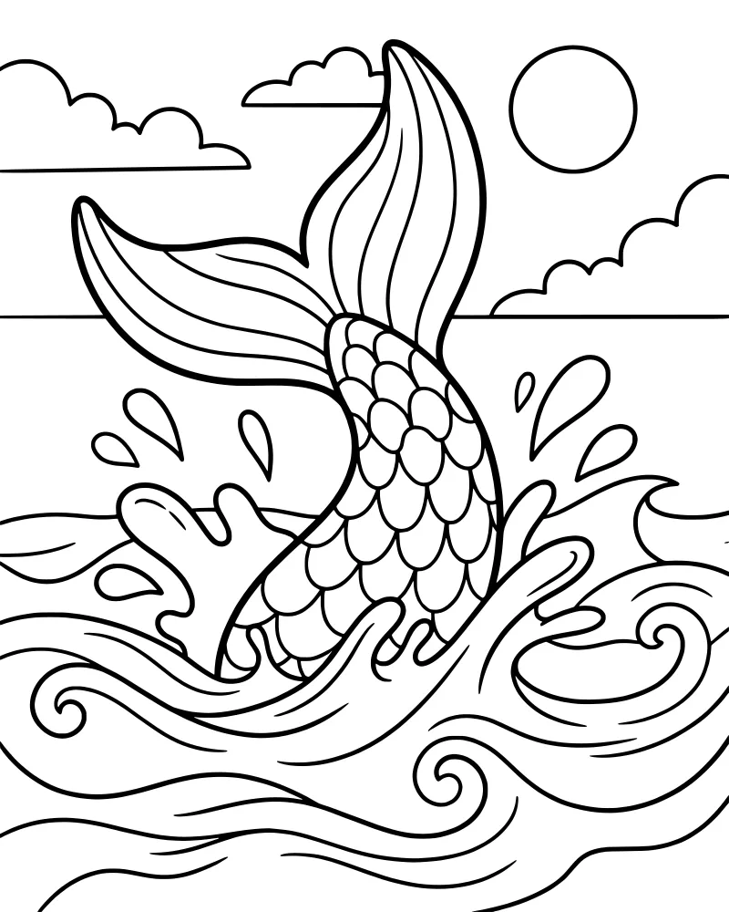 A cartoon mermaid tail flipping out of ocean waves with water splashes under a sun and clouds.