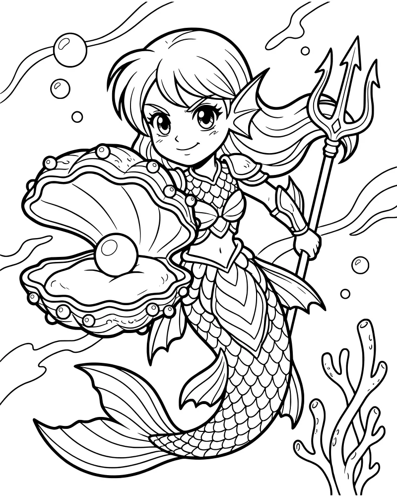 A cartoon mermaid holding a trident and an open seashell with a pearl inside, surrounded by seaweed and bubbles.