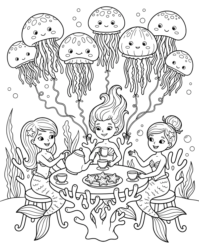 Three mermaids sitting at a round table underwater having a tea party with star-shaped cookies while seven jellyfish float above them near seaweed and coral.