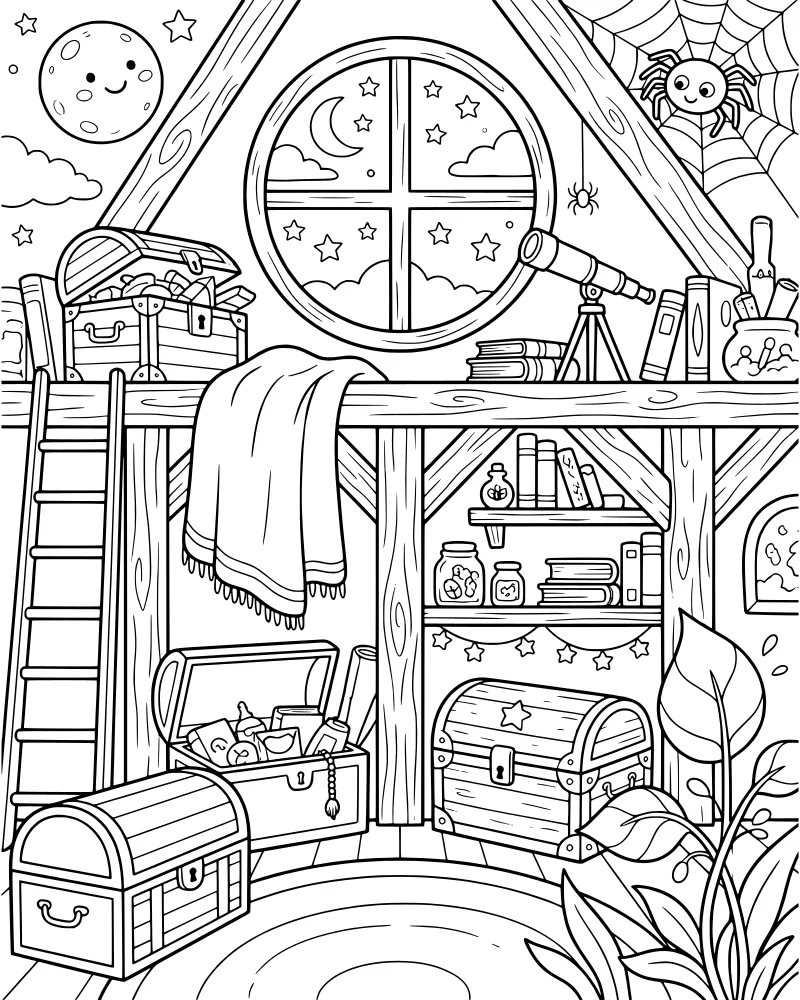 A cartoon attic room at night with a large round window, a telescope, treasure chests, books, and a spider in a cobweb.