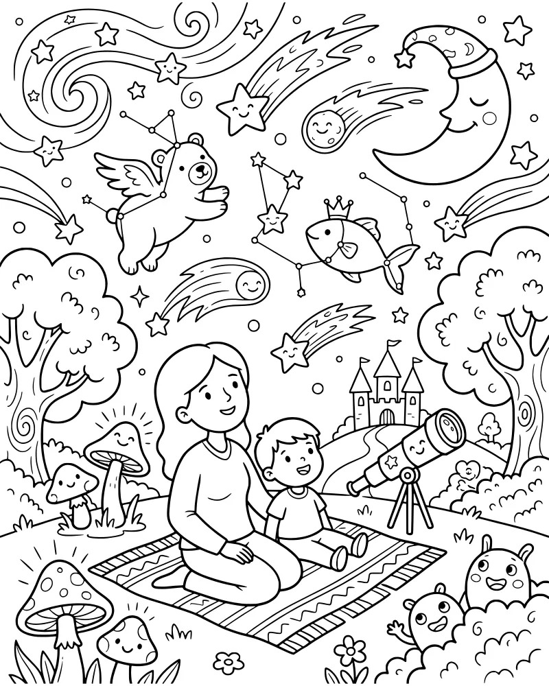 A mother and child sit on a blanket using a telescope to look at a night sky filled with a winged bear, a crowned fish, and a crescent moon near a castle.