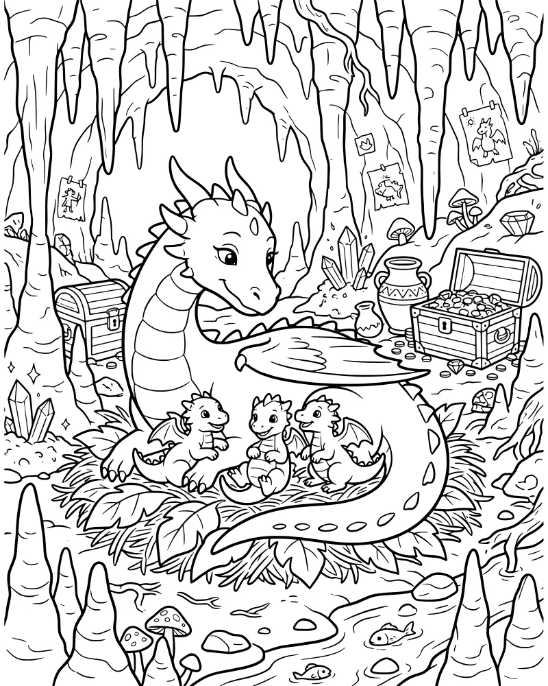 A mother dragon and three baby dragons sitting in a nest of leaves inside a cave filled with treasure, crystals, and a small stream with fish.