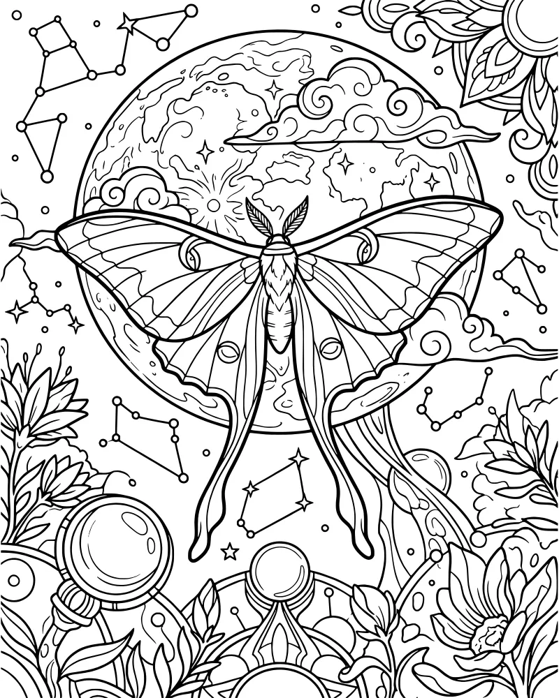 A detailed line drawing of a luna moth in front of a textured moon surrounded by stars, clouds, and a crystal ball.