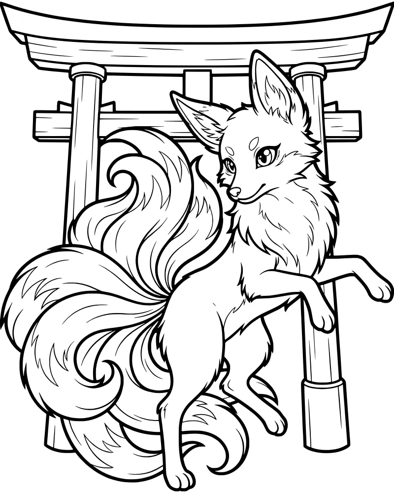 A cartoon kitsune with nine large tails standing in front of a Japanese torii gate.