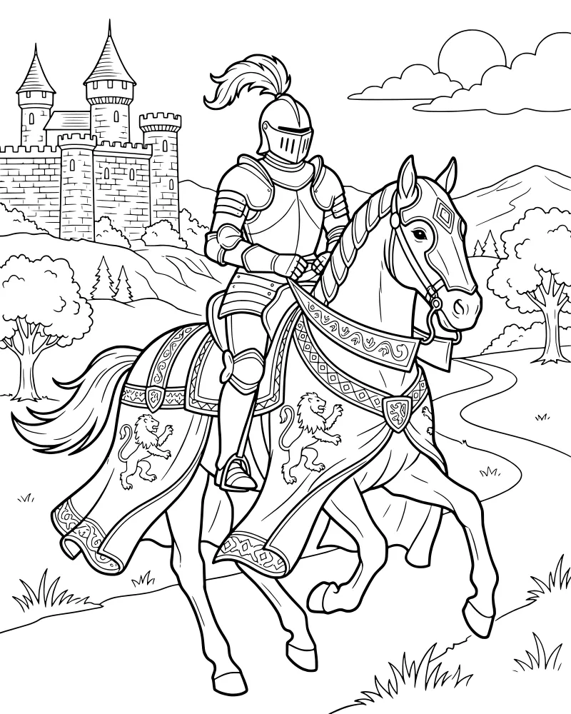 Cartoon knight in full armor riding a horse with a lion crest blanket on a path toward a castle in the mountains.