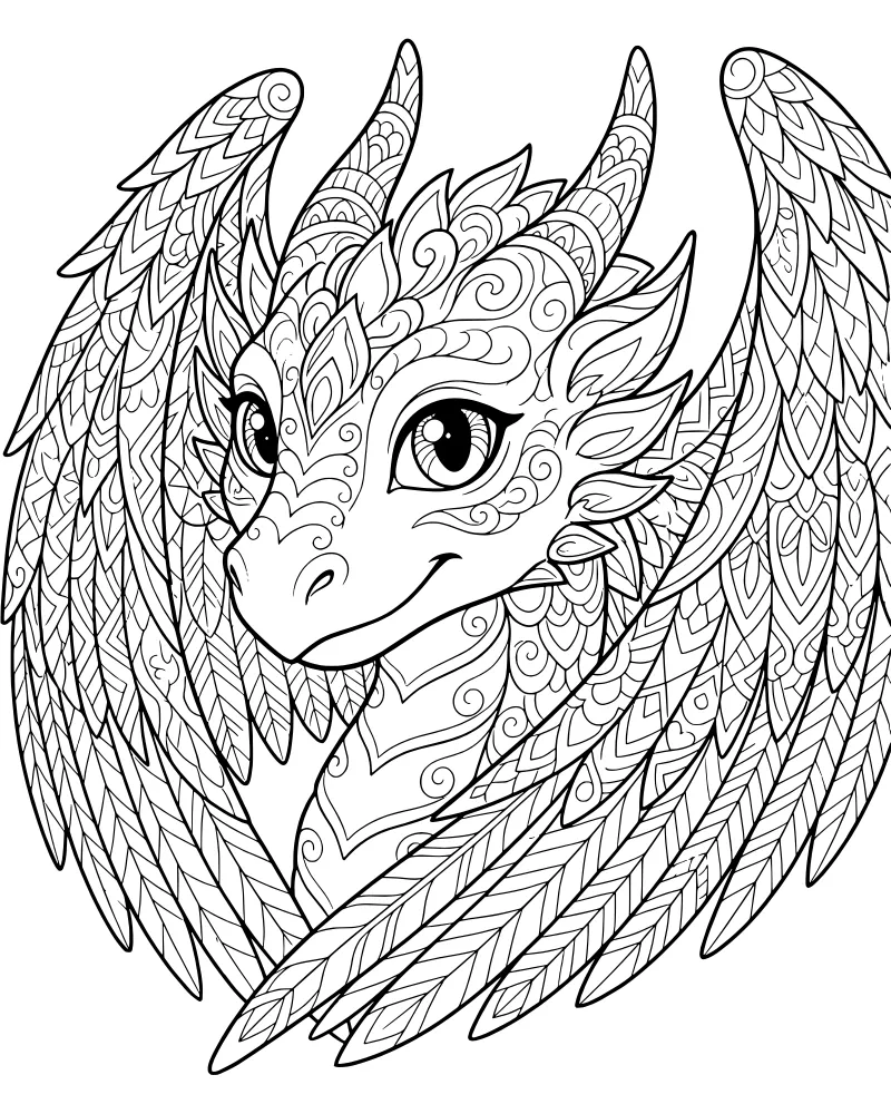 Close-up portrait of a friendly young dragon with large ornate wings, intricate facial patterns, and feathered details.