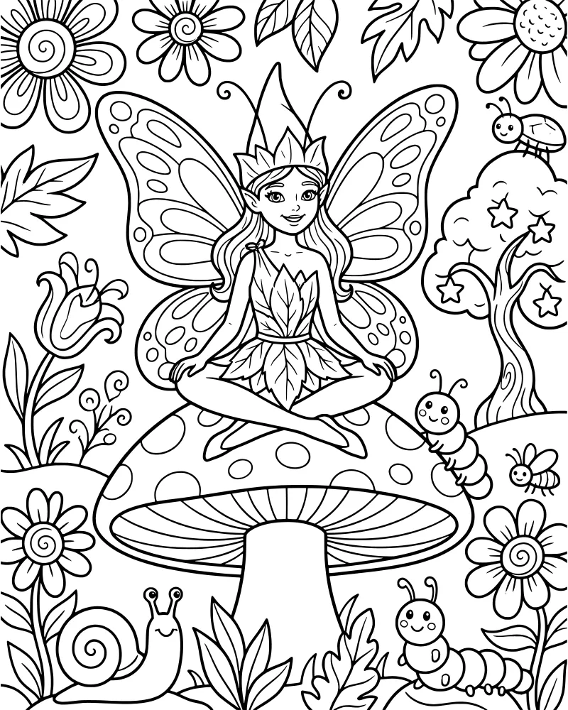 A cartoon fairy with butterfly wings and a crown meditates on a large mushroom in a forest with stars, flowers, and insects.