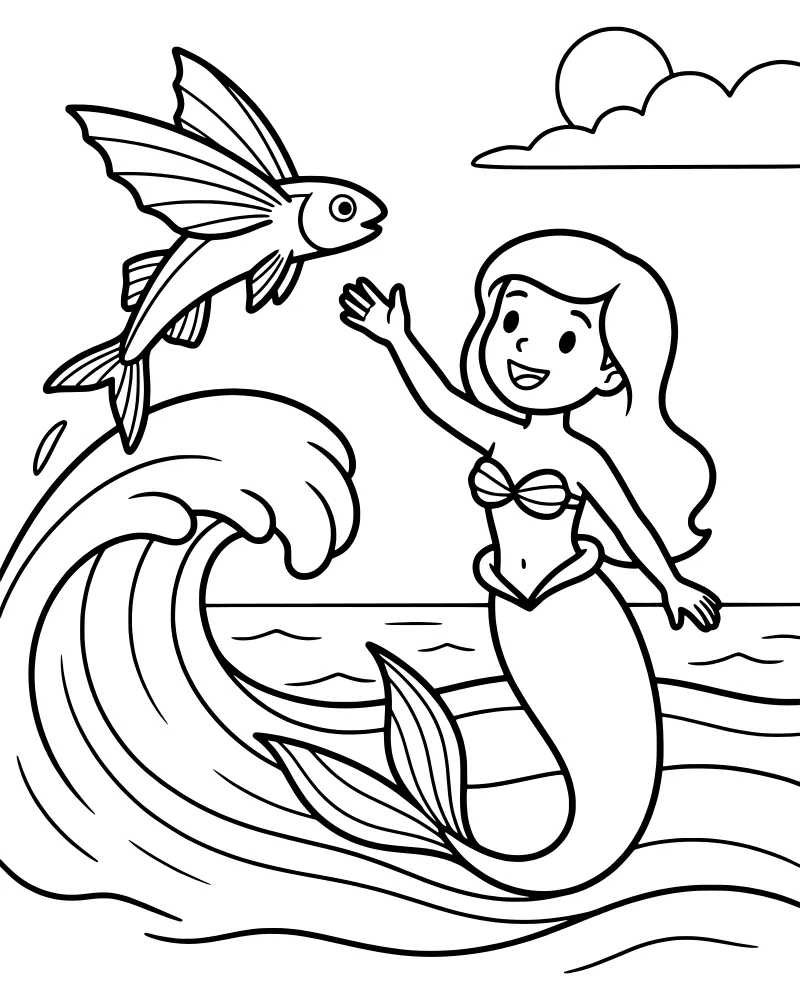A cartoon mermaid reaching for a flying fish over a large ocean wave with the sun and clouds in the background.