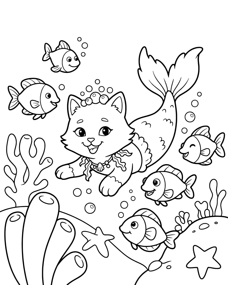 A cartoon mermaid cat with a long tail swimming underwater surrounded by fish, coral, seaweed, and bubbles.