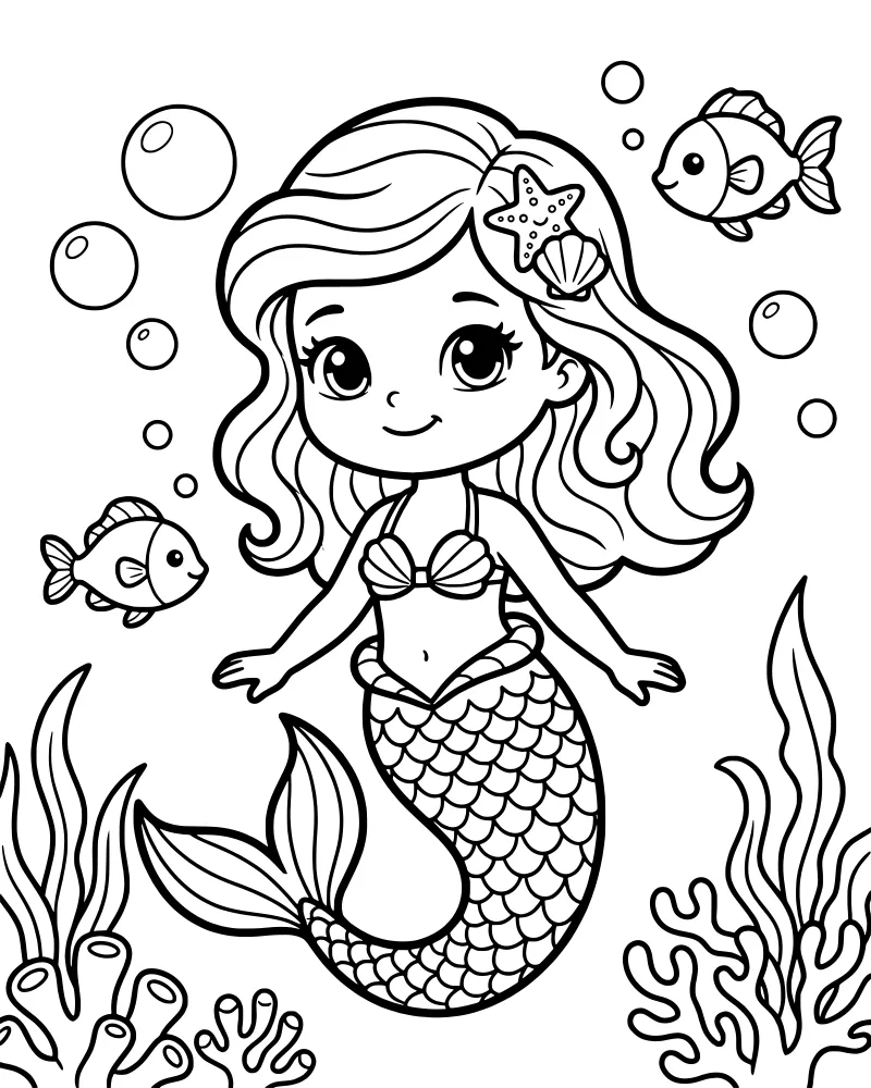 Cartoon mermaid with a long tail swimming near fish, seaweed, coral, and a starfish underwater with bubbles.
