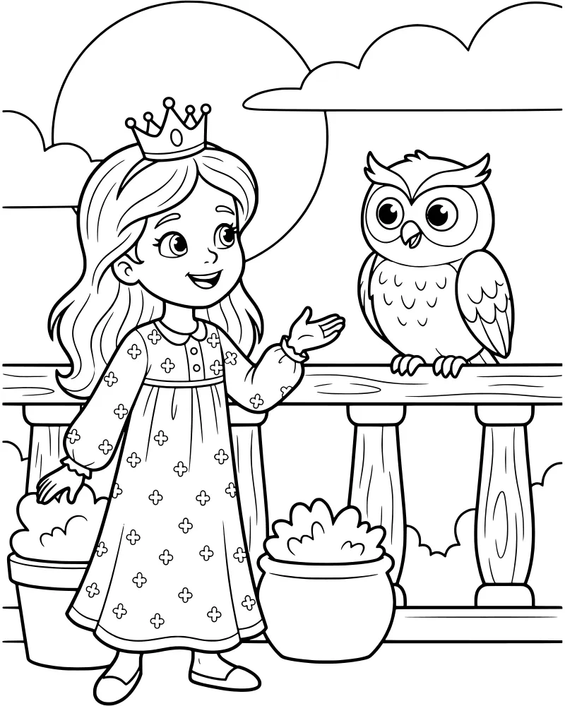 A cartoon princess in a patterned dress and crown talking to an owl on a balcony with flower pots under a large moon and clouds.