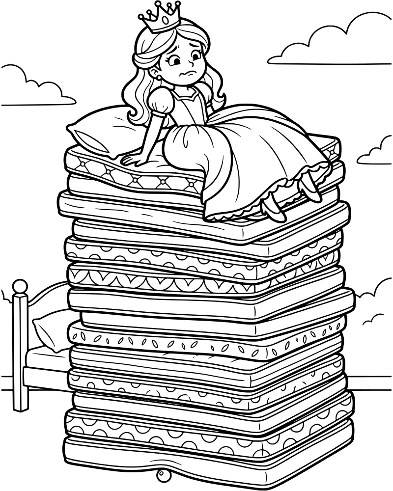 A cartoon princess with a worried expression sitting on top of a very high stack of mattresses with clouds in the background.