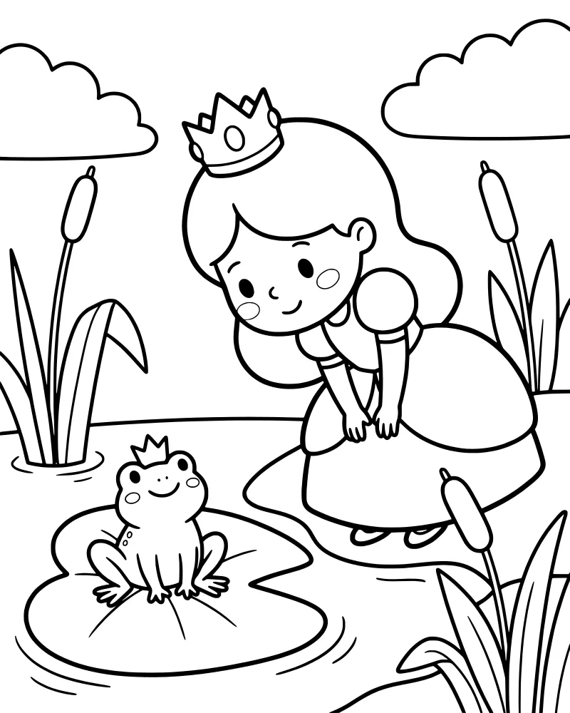 Cartoon princess with a crown leaning over a pond toward a frog on a lily pad with reeds and clouds in the background.