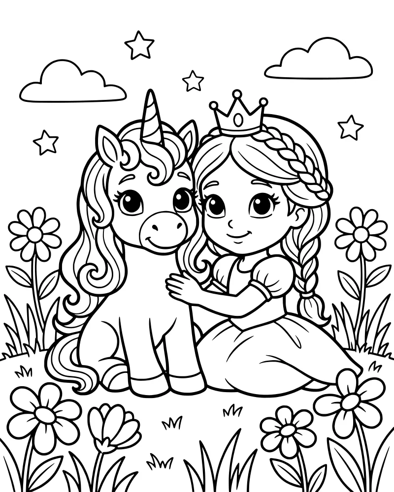 A cartoon princess and a unicorn sitting together in a field of flowers under a starry sky with clouds.