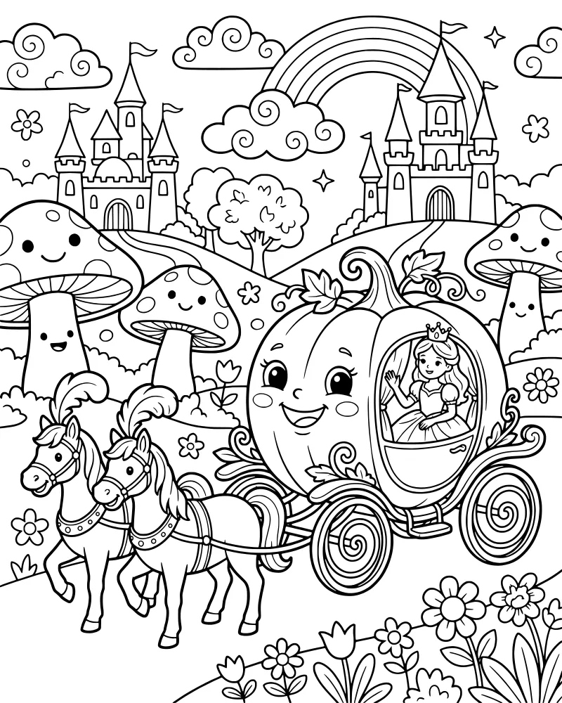 A princess sitting in a pumpkin carriage pulled by two horses in front of a castle with a rainbow and smiling mushrooms.