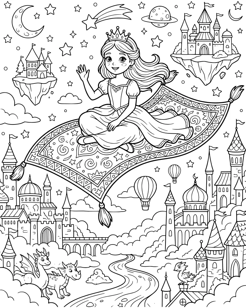 A cartoon princess riding a magic carpet past floating castles, a dragon, planets, and a crescent moon in a starry sky.