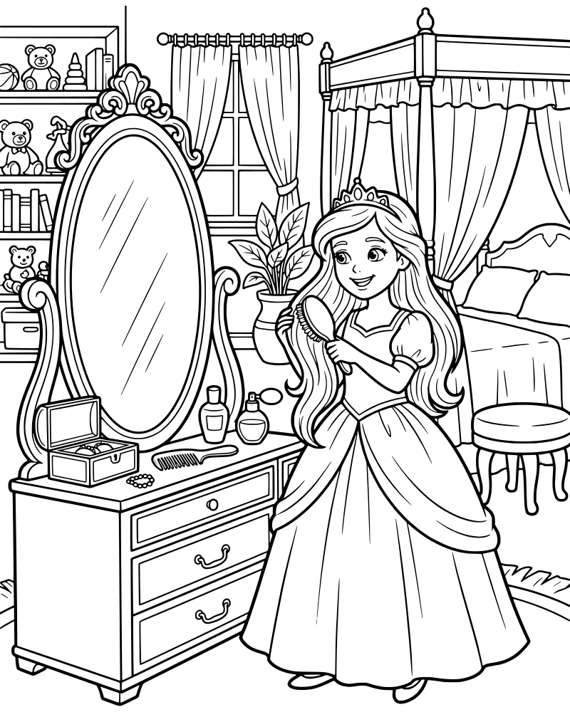 A cartoon princess brushes her long hair in front of a dresser mirror in a bedroom with a four-poster bed and toys.