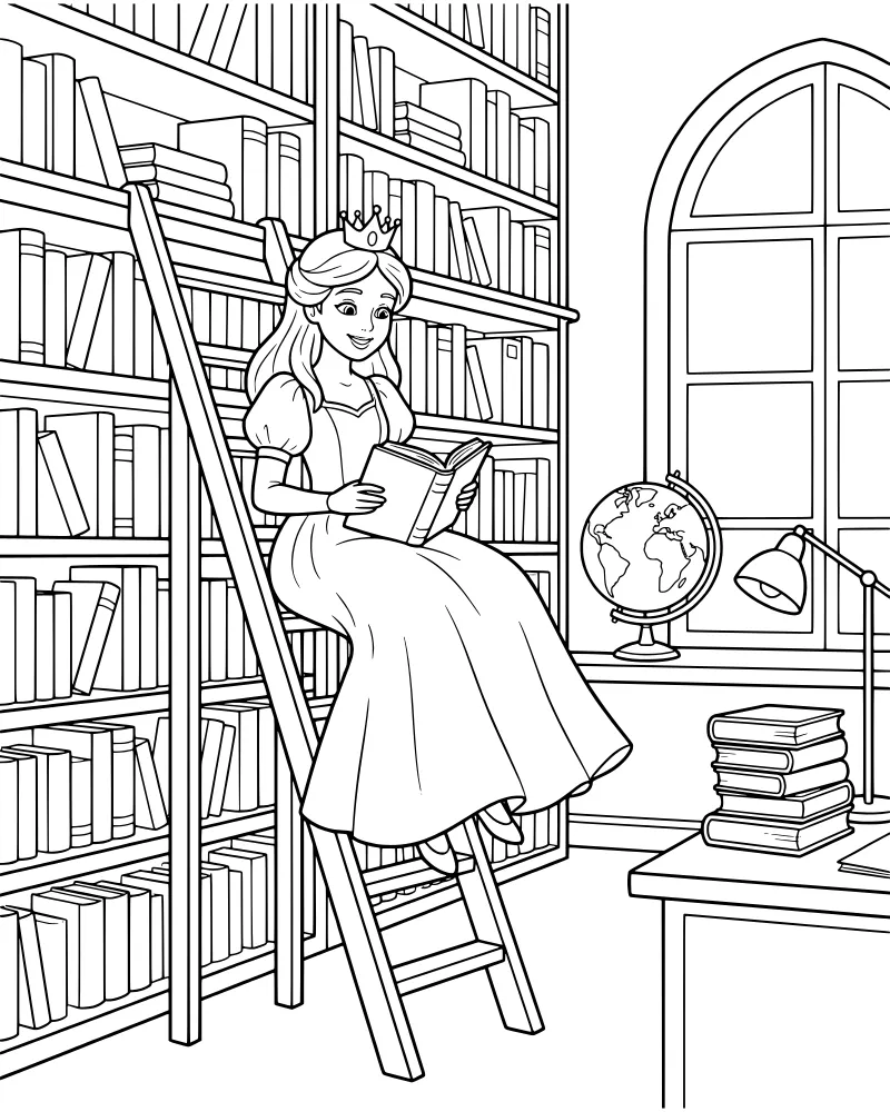 Cartoon princess sitting on a ladder reading a book in a library with a globe and bookshelves.