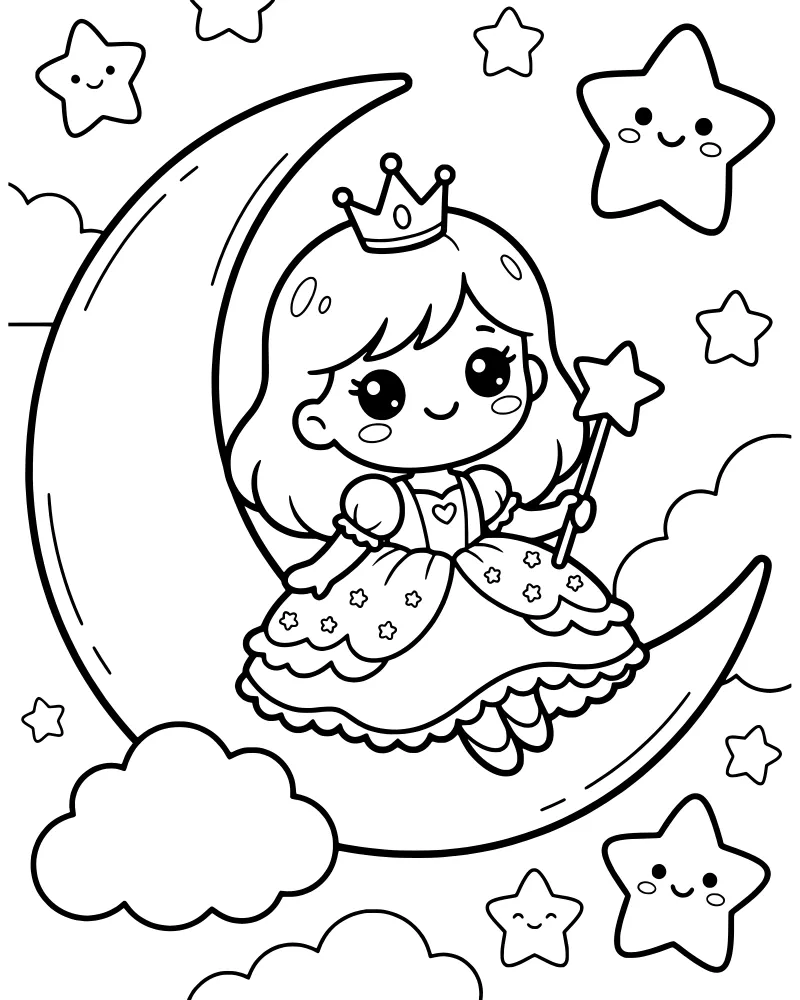 A cartoon princess with a crown and star wand sitting on a large crescent moon among stars and clouds.