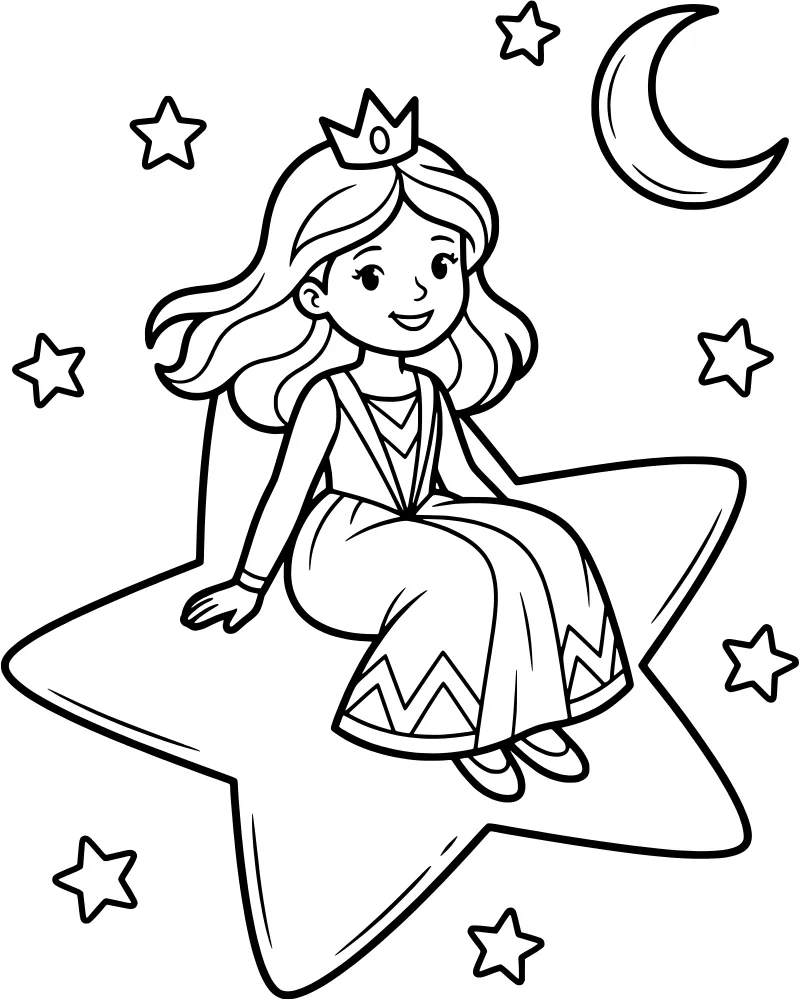 A cartoon princess wearing a crown and dress sitting on a large five-pointed star in a night sky with a crescent moon.