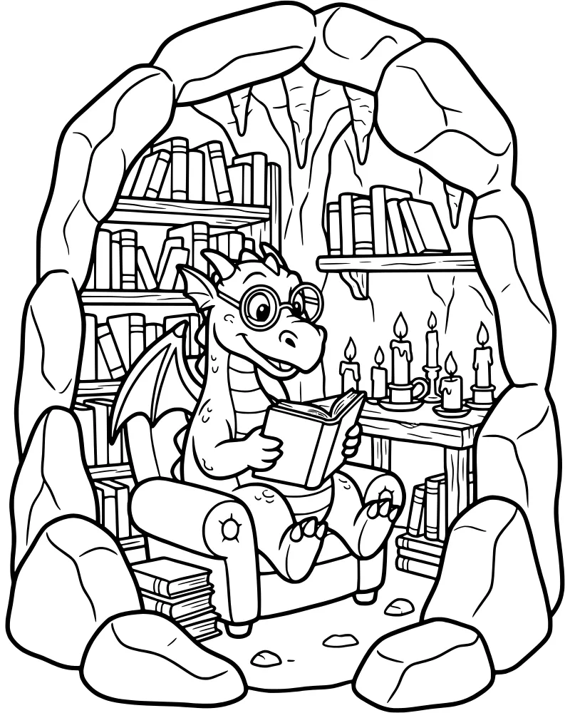 A cartoon dragon wearing glasses sits in an armchair reading a book inside a cave filled with bookshelves and candles.