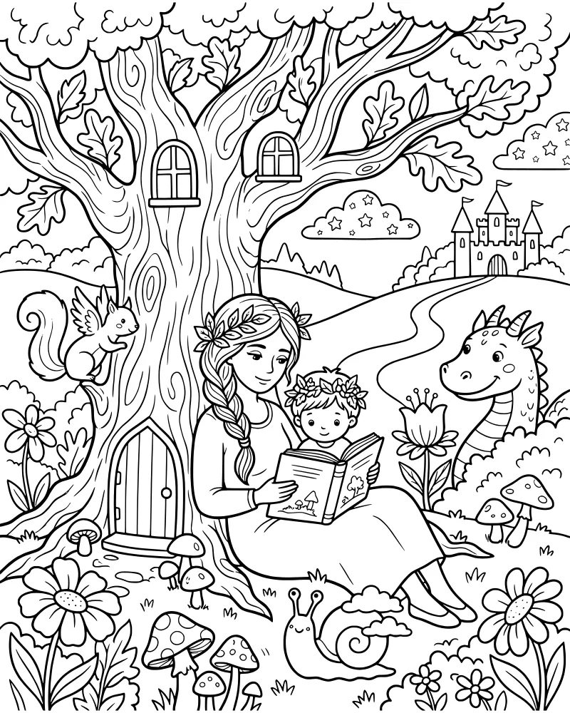 A cartoon scene of a mother and child reading a book under a treehouse with a friendly dragon, a squirrel, and a castle in the background.