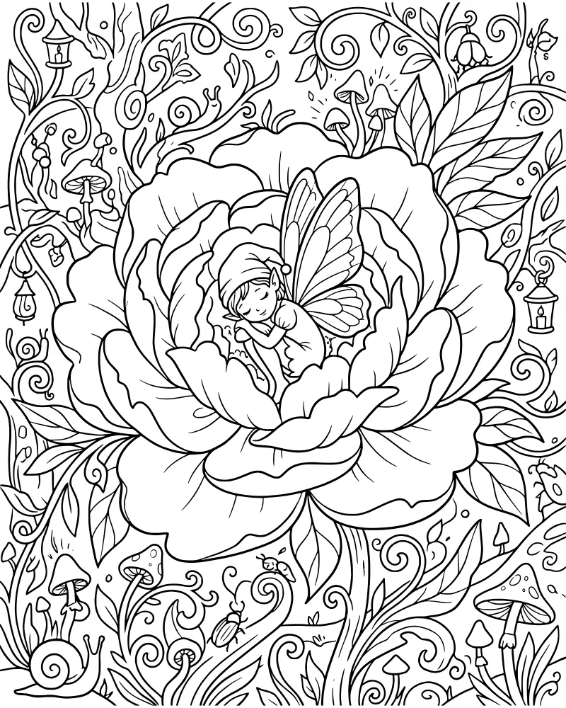 A detailed illustration of a fairy sleeping inside a large flower surrounded by mushrooms, snails, and lanterns in a forest.