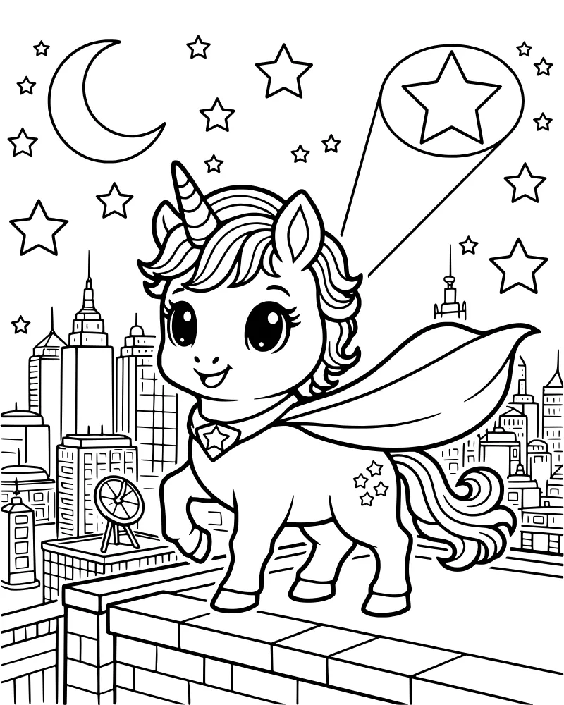 A cartoon unicorn wearing a superhero cape and emblem standing on a brick rooftop overlooking a city skyline under a crescent moon and stars.