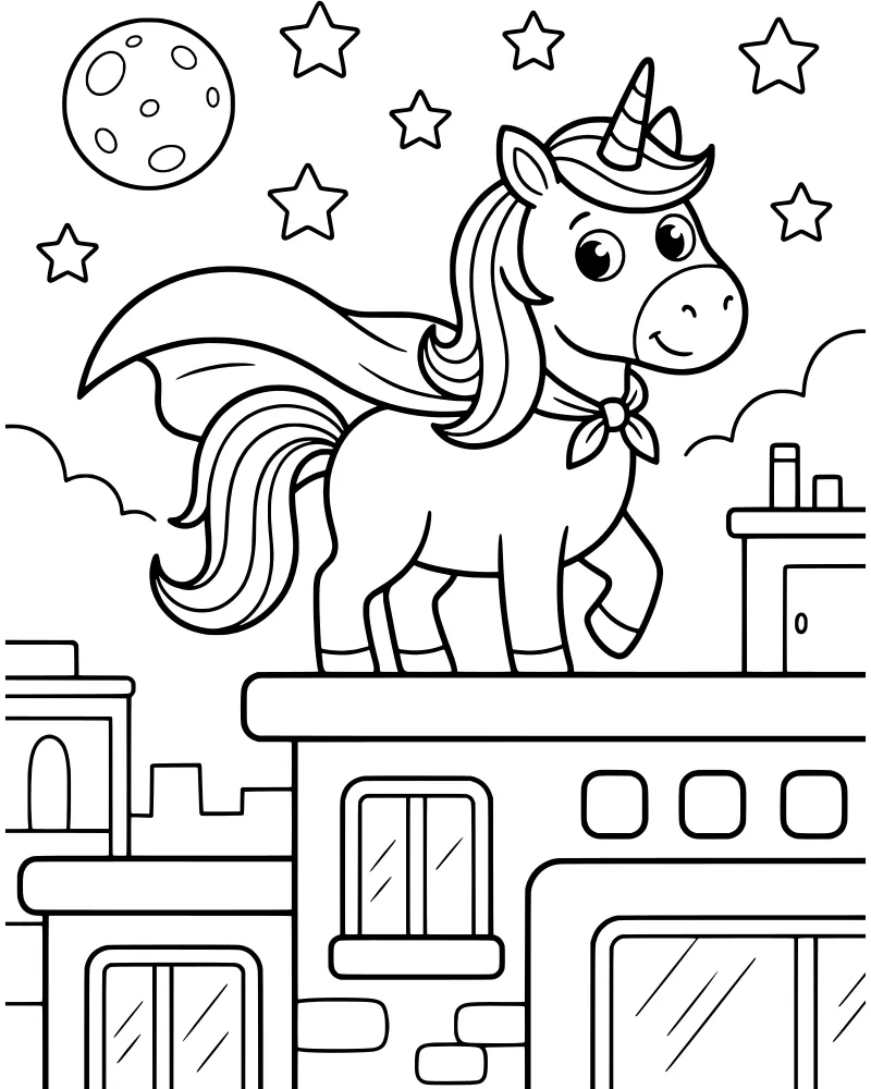 A cartoon unicorn wearing a cape and scarf standing on a city rooftop at night with a crescent moon and stars.