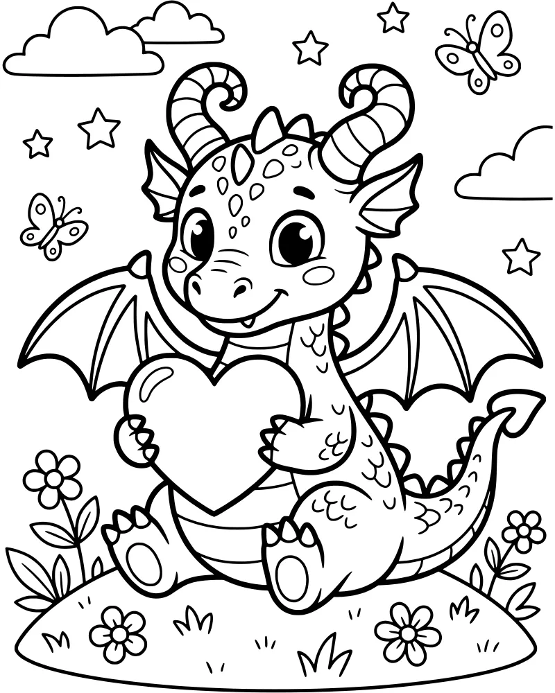 A cartoon baby dragon sitting on a hill holding a heart surrounded by flowers, butterflies, and stars.
