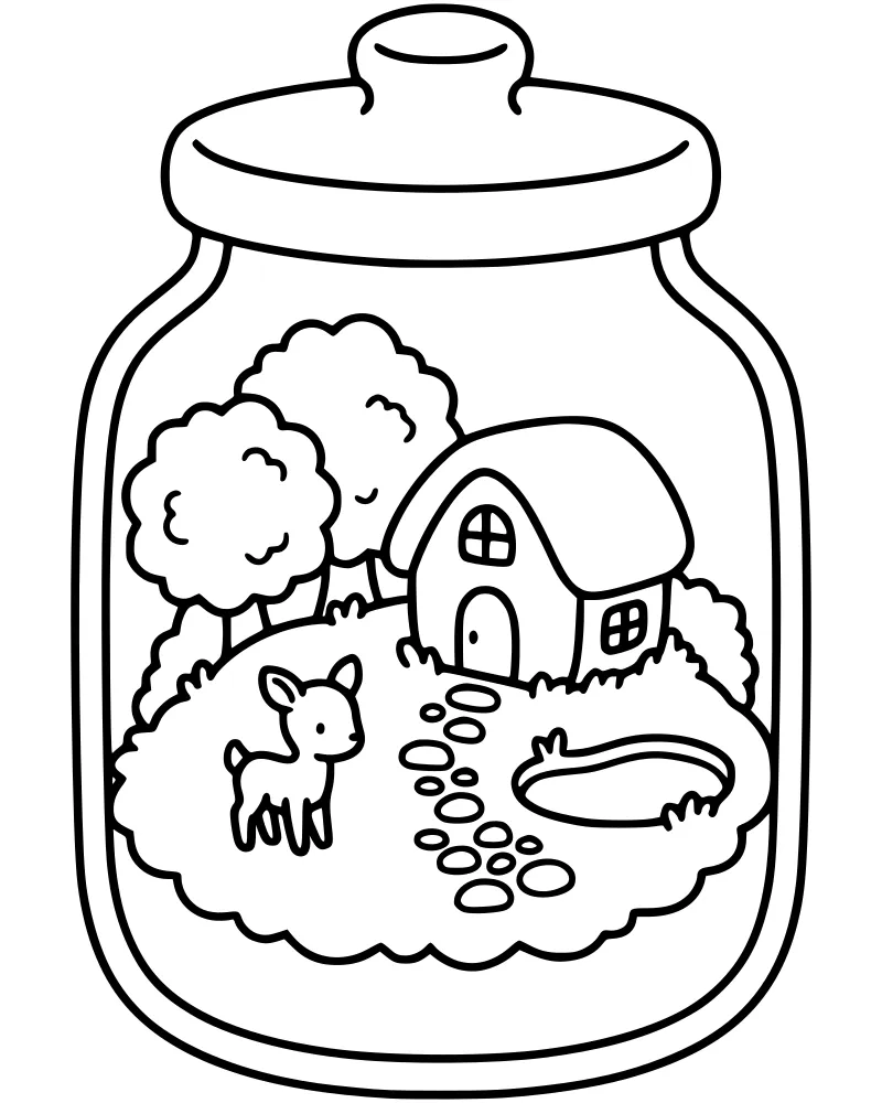 A cartoon line drawing of a glass jar containing a miniature scene with a small cottage, a deer fawn, a pond, and trees.