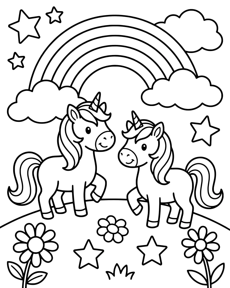 Two cartoon unicorns standing in a flower field under a large rainbow and stars