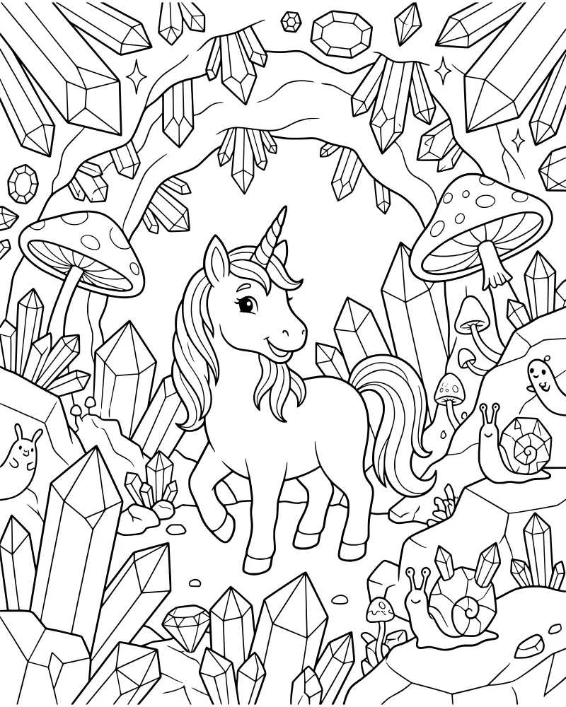 A cartoon unicorn standing in a magical cave surrounded by large crystals, spotted mushrooms, small snails, and glowing gems near a rocky entrance.