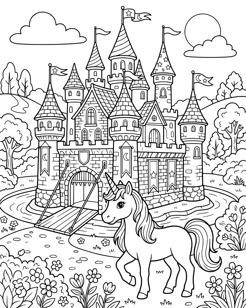 A cartoon unicorn walks through a meadow of flowers toward a large stone castle with towers and flags under a sunny sky.