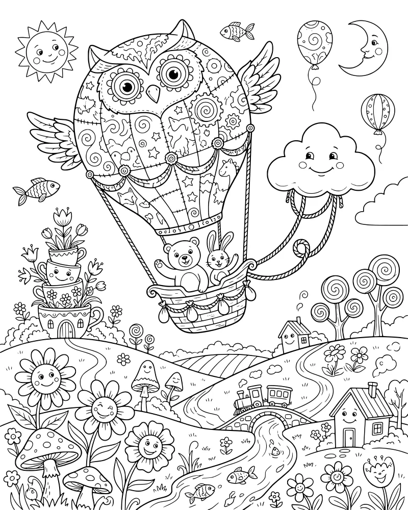 Whimsical drawing of an owl hot air balloon with a bear and rabbit flying over a landscape with a train on a bridge and rolling hills.