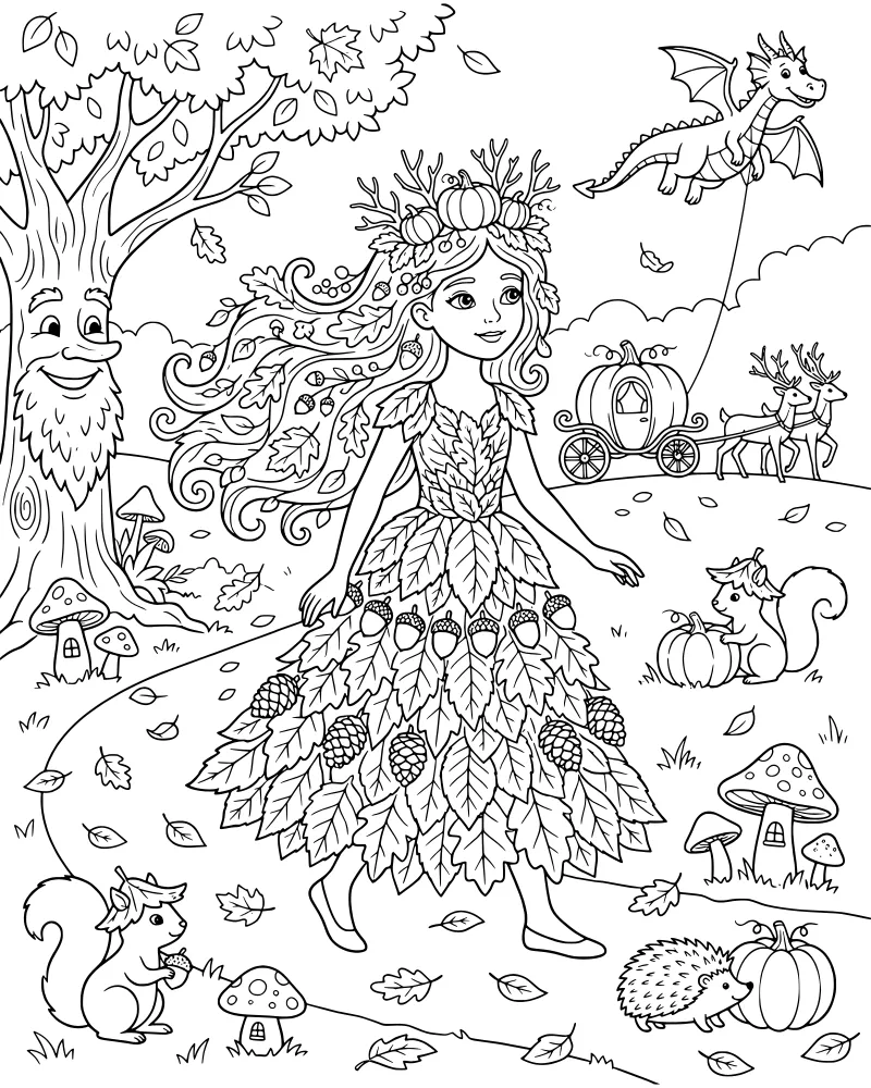 A whimsical autumn scene with a woman in a leaf dress, a dragon flying, a pumpkin carriage, and forest animals like deer and squirrels.