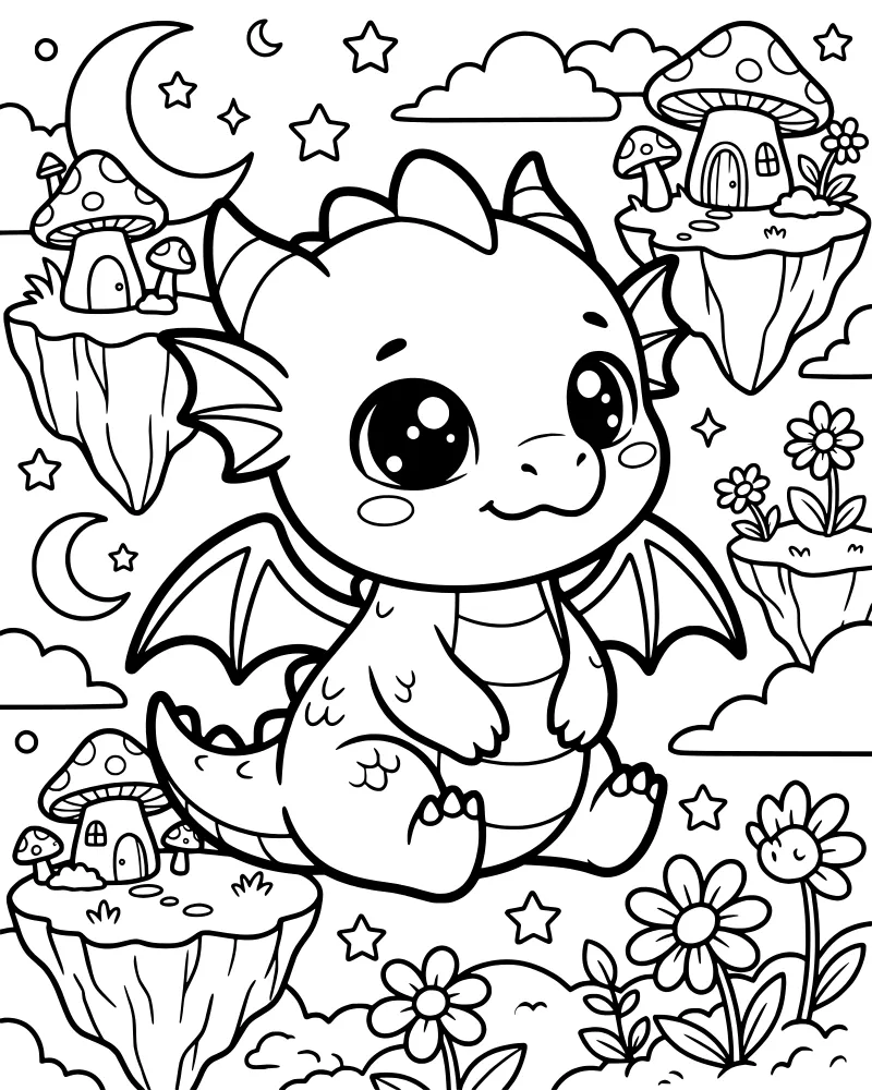 A cartoon baby dragon sits on a floating island near mushroom houses under a crescent moon and stars.