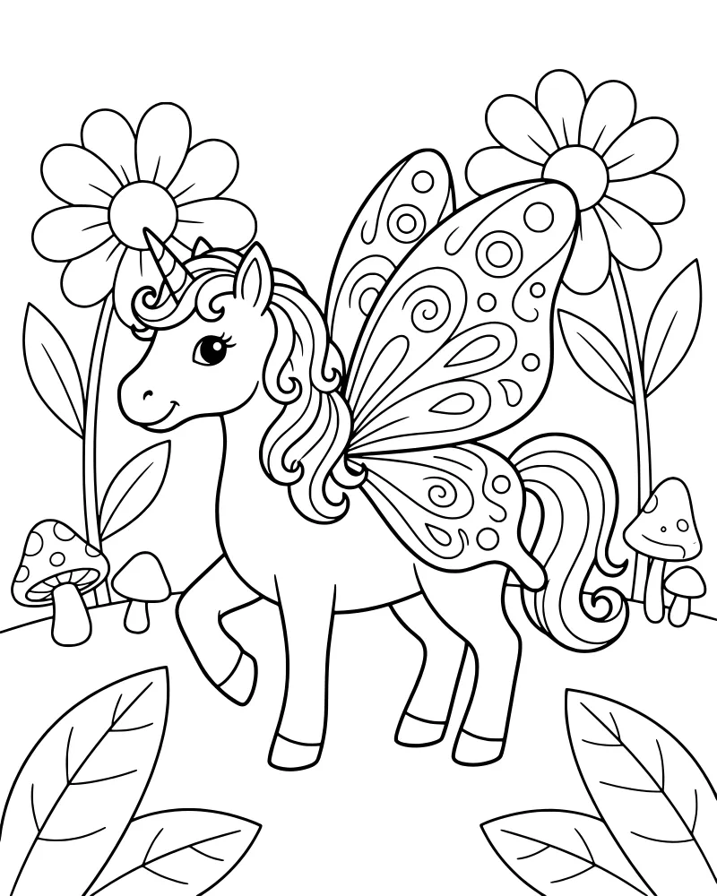 A cartoon unicorn with large butterfly wings standing in a meadow with flowers, leaves, and mushrooms.