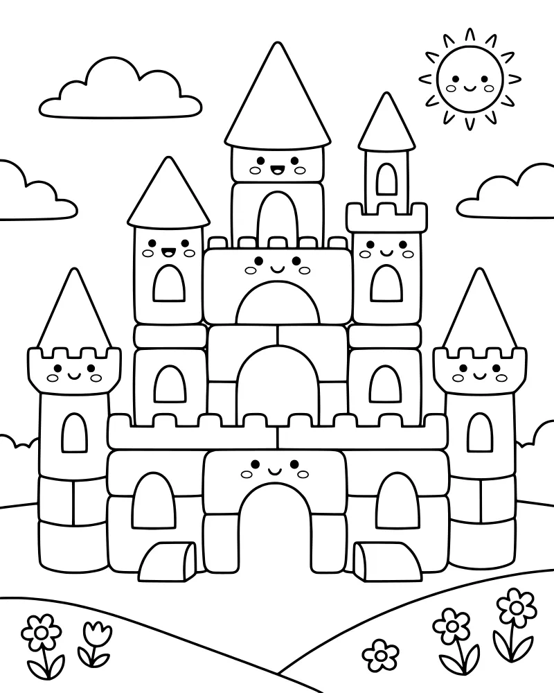 A cartoon castle with smiling faces on its walls sitting on green hills under a cheerful sun and clouds.