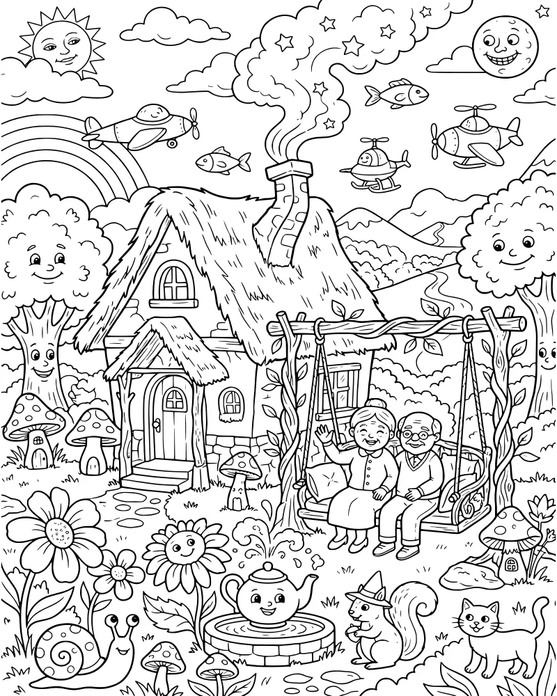 A cartoon cottage garden with an elderly couple on a swing, a smiling sun, flying fish, and a teapot fountain.